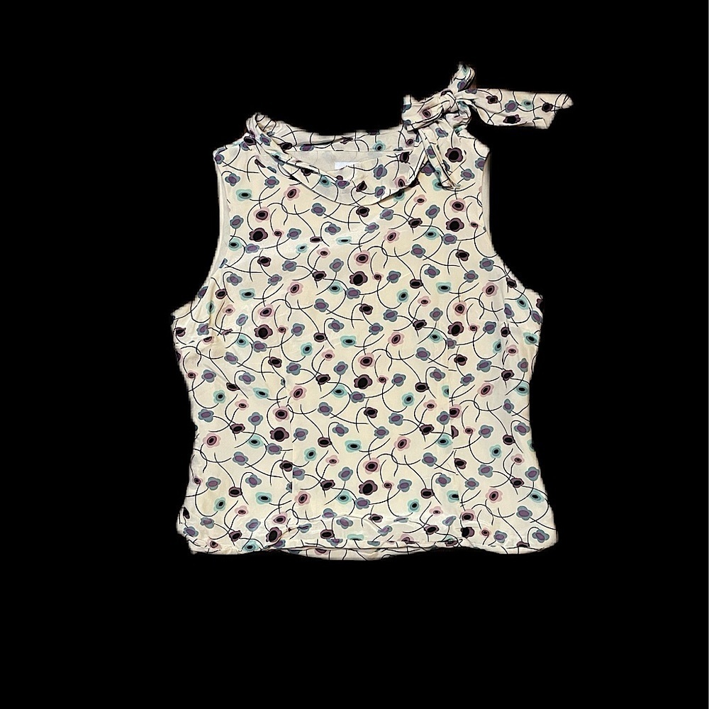 Vintage Loft cowl neck Floral Sleeveless Top Bow silk tank tan